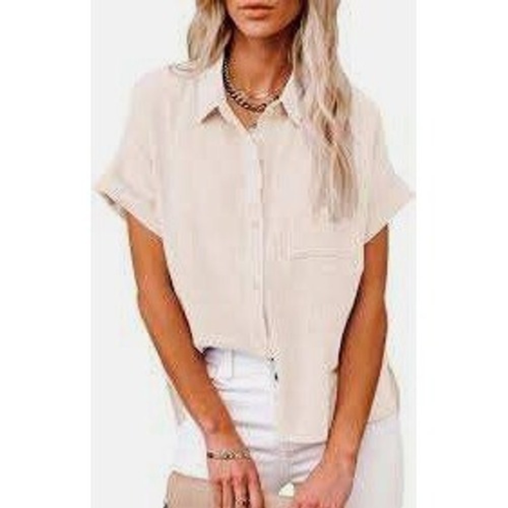 Zeagoo Short Sleeve Button Down Shirt Beige Crinkled Texture Travel Top Large